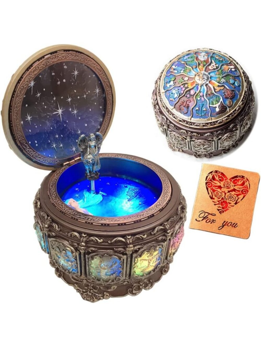 Vintage Music Box with Constellations, LED Lights & Zodiac Signs - Unique Gift